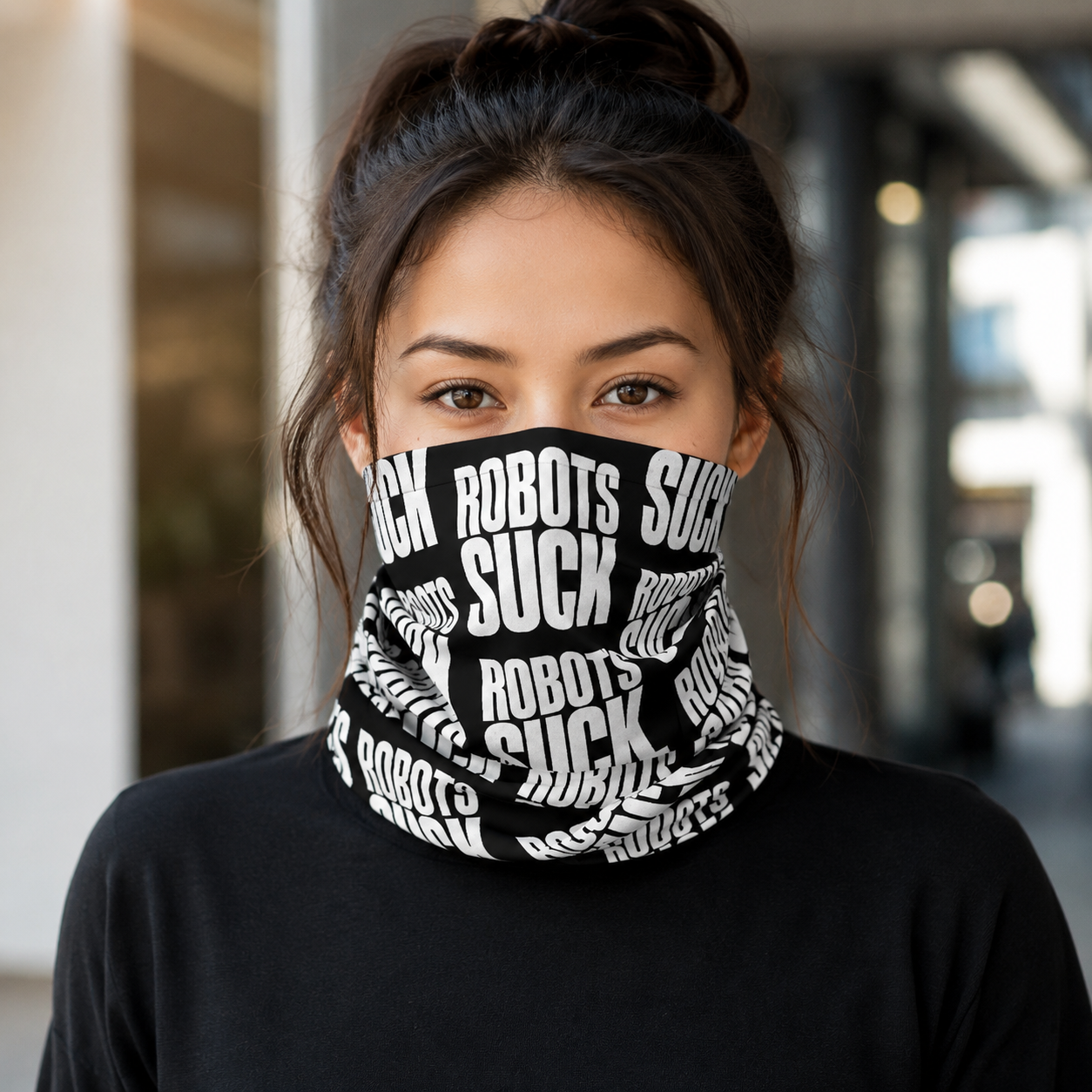Neck Gaiter — Black "ROBOTS SUCK" Bold Repeat Pattern