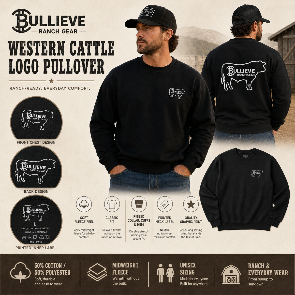 Bullieve Ranch Gear Crewneck Sweatshirt — Western Bull Logo Pullover