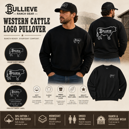 Bullieve Ranch Gear Crewneck Sweatshirt — Western Bull Logo Pullover