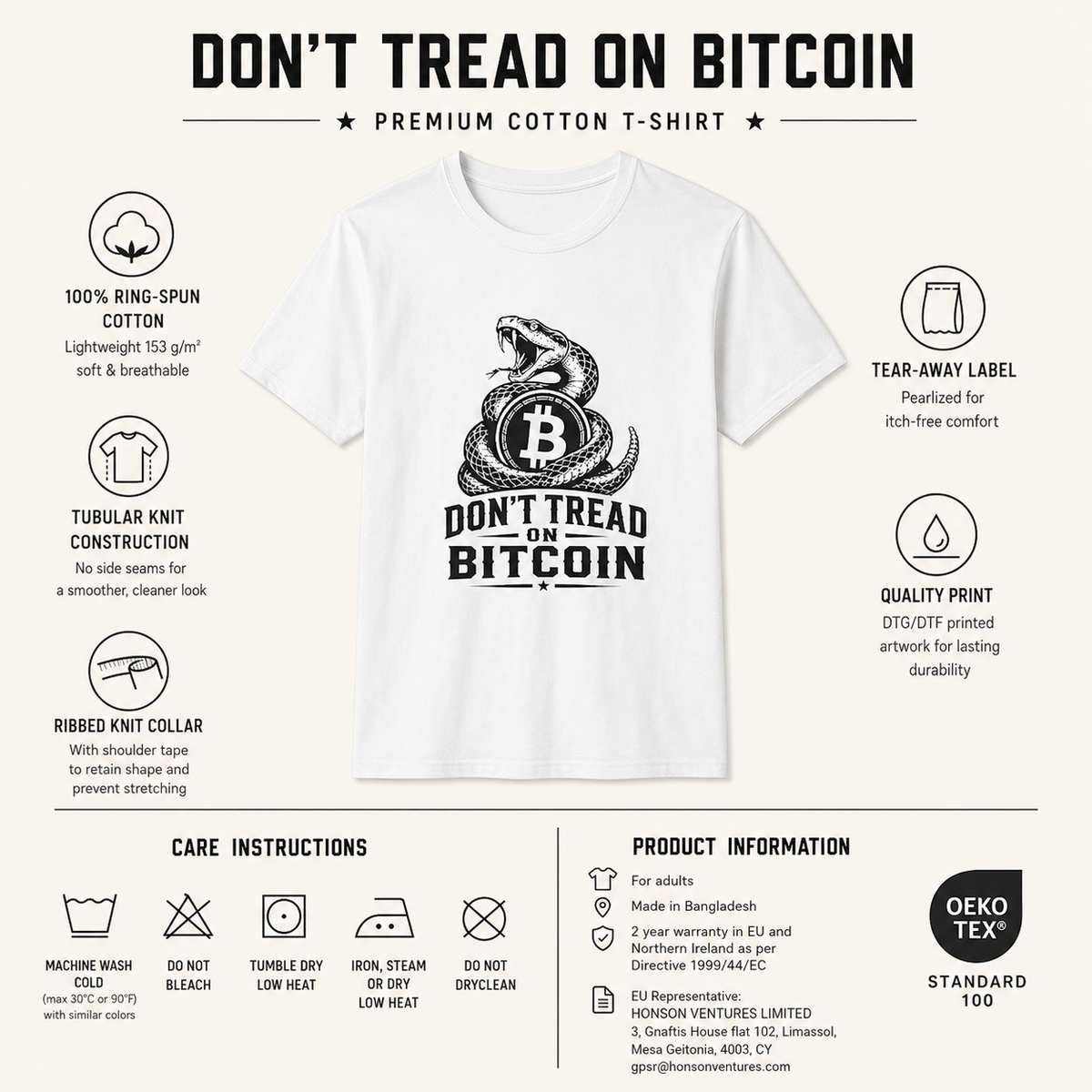 Bitcoin Snake T-Shirt — “Don't Tread on Bitcoin” Crypto Freedom Tee