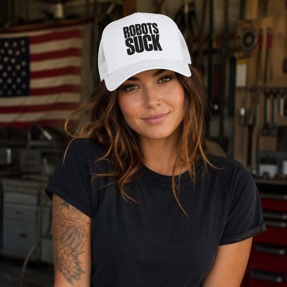 Robots Suck Trucker Cap — Bold Statement Snapback Hat