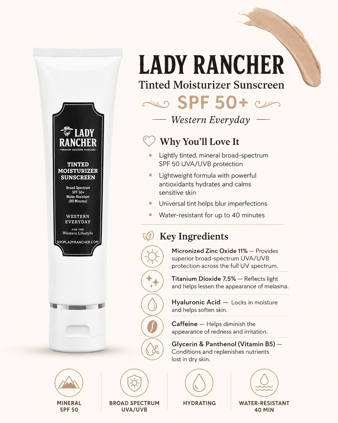 Lady Rancher Tinted Moisturizer Sunscreen SPF 50 – Broad Spectrum Hydrating Face Protection